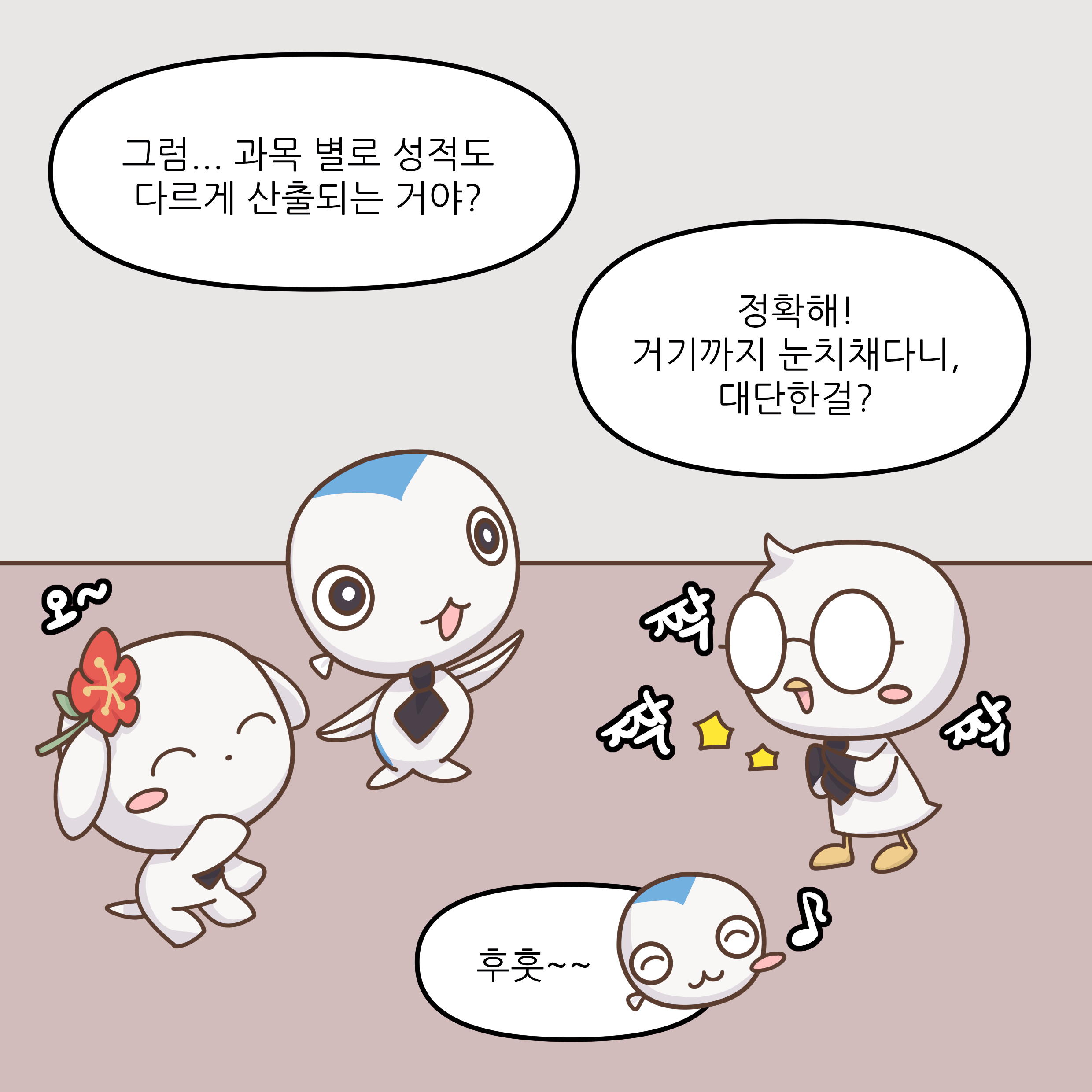 그럼... 과목 별로 성적도 다르게 산출되는 거야? 정확해! 거기까지 눈치챘다니, 대단한걸? 후훗~~